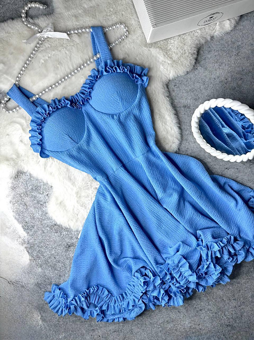 Жіноче святкове ефектне плаття на бретелях із чашечками жатка зара Блакитний, 46/48 Одеса - фото 3