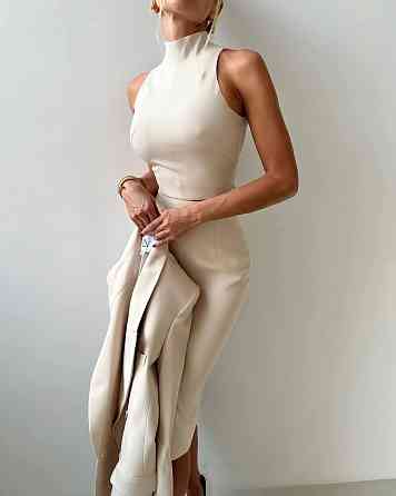 Женский классический костюм четверка: пиджак + кроп-топ + юбка миди + брюки костюмка Беж, 44 Одесса