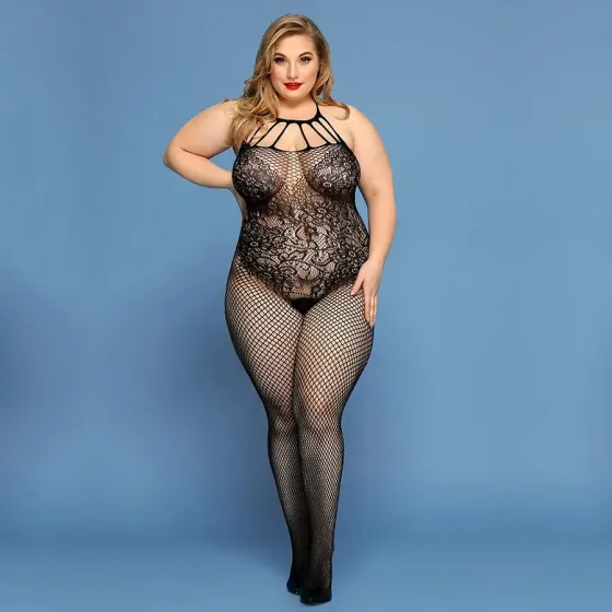 Сітчастий бодістокінг JSY «Відверта Мадлен» Plus Size, Black, імітація боді, мереживо, доступ Львов