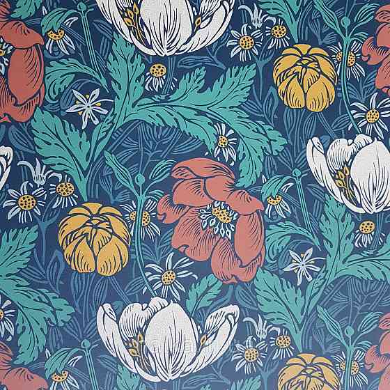 Обои флизелиновые экологически чистые Rasch Salisbury 0.53х10 цветы яркие красные желтые белые на темно синем Киев