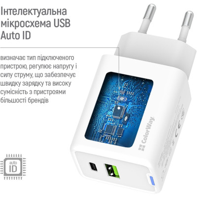 Зарядное устройство ColorWay C101E GaN Mini 45W PD PPS USB-C + USB-A QC4.0 white (CW-CHS060PD-WT) Винница - изображение 5
