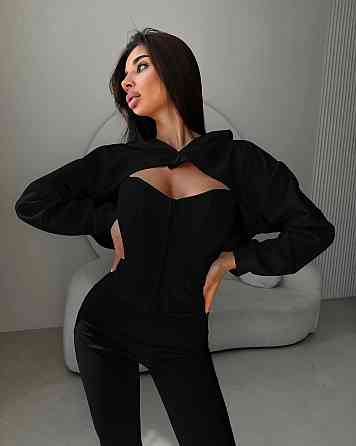 Женский стильный костюм тройка: кофта, корсет и лосины замш на дайвинге Черный, 42/44 Одесса