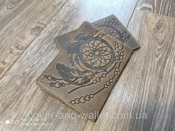 Вінтажна шкіряна обкладинка на паспорт з тисненням Ловця Снов (dreamcatcher) SHVIGEL коричневий Київ