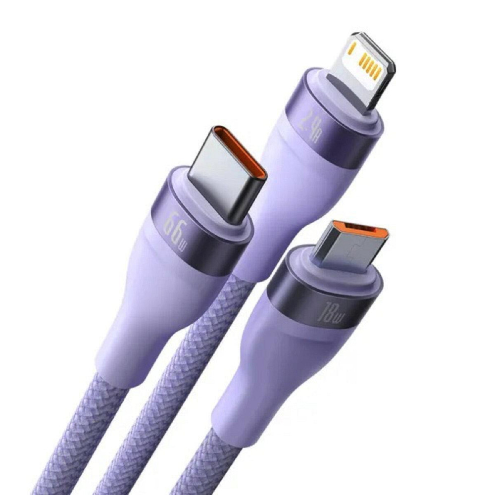 Кабель Baseus Flash Series II One-for-three Fast Charging Data Cable USB to M+L+C 66W 1.2m Purple CASS040005 Одесса - изображение 3