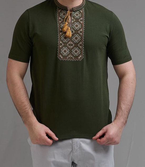 Мужская футболка вышиванка цвета хаки с орнаментом Киев - изображение 2