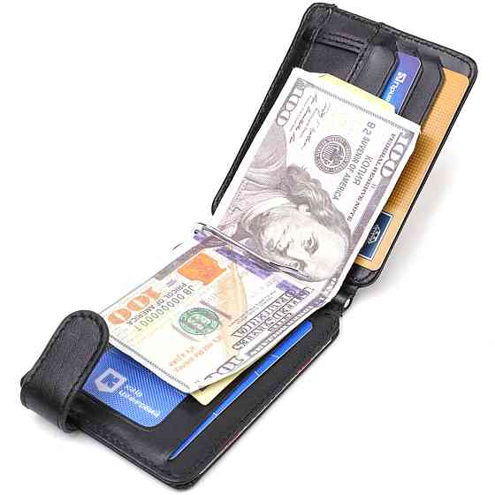 Класичний надійний затискач для грошей з натуральної гладкої шкіри CANPELLINI 21939 Чорний Київ