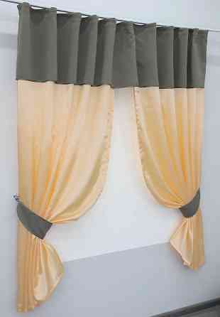 Кухонные шторы VR-Textil № 073к с ламбрекеном и подхватами персиковый с графитовым 270х170 см (52-0192) Киев