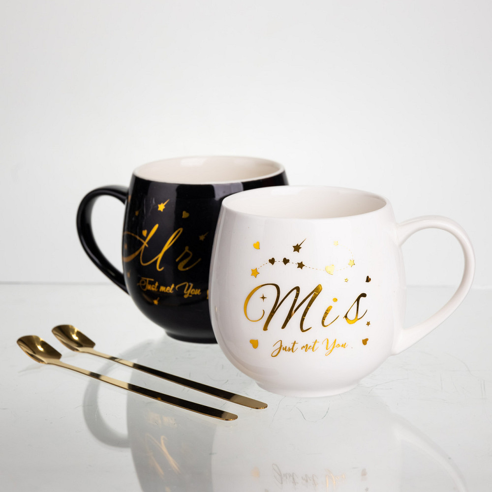 Набор парных фарфоровых чашек Mr&Mis 2 (шт) по 350 (мл) чашки на подарок с ложкой Черный с белым FM-29 SBR Киев - изображение 4