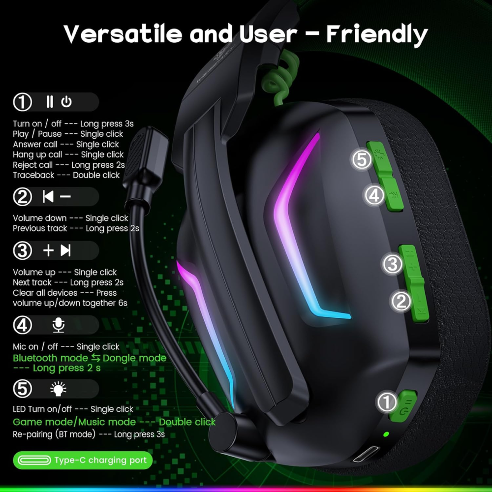 Бездротова ігрова гарнітура WESEARY WG1 2.4 ГГц Bluetooth для PS5 PS4 ПК Switch Mac, 50 годин, зелена Київ - фото 10