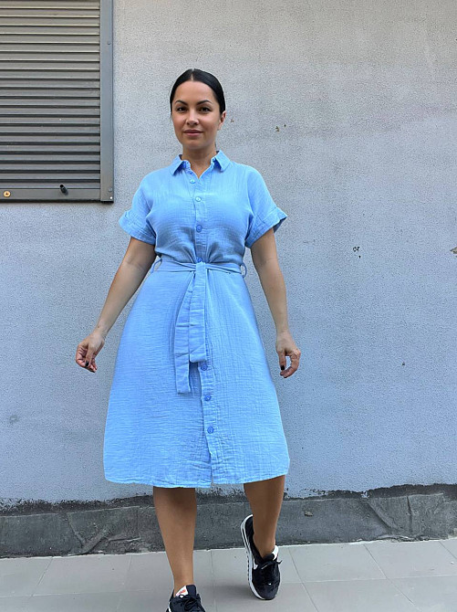 Платье женское Mix Ray 3972 из муслина на пуговицах с поясом голубое, голубой, L Киев - изображение 3