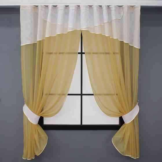 Кухонні штори VR-Textil № 091к з ламбрекеном і підв'язками золотистий з білим 280х170 см (52-0733) Київ