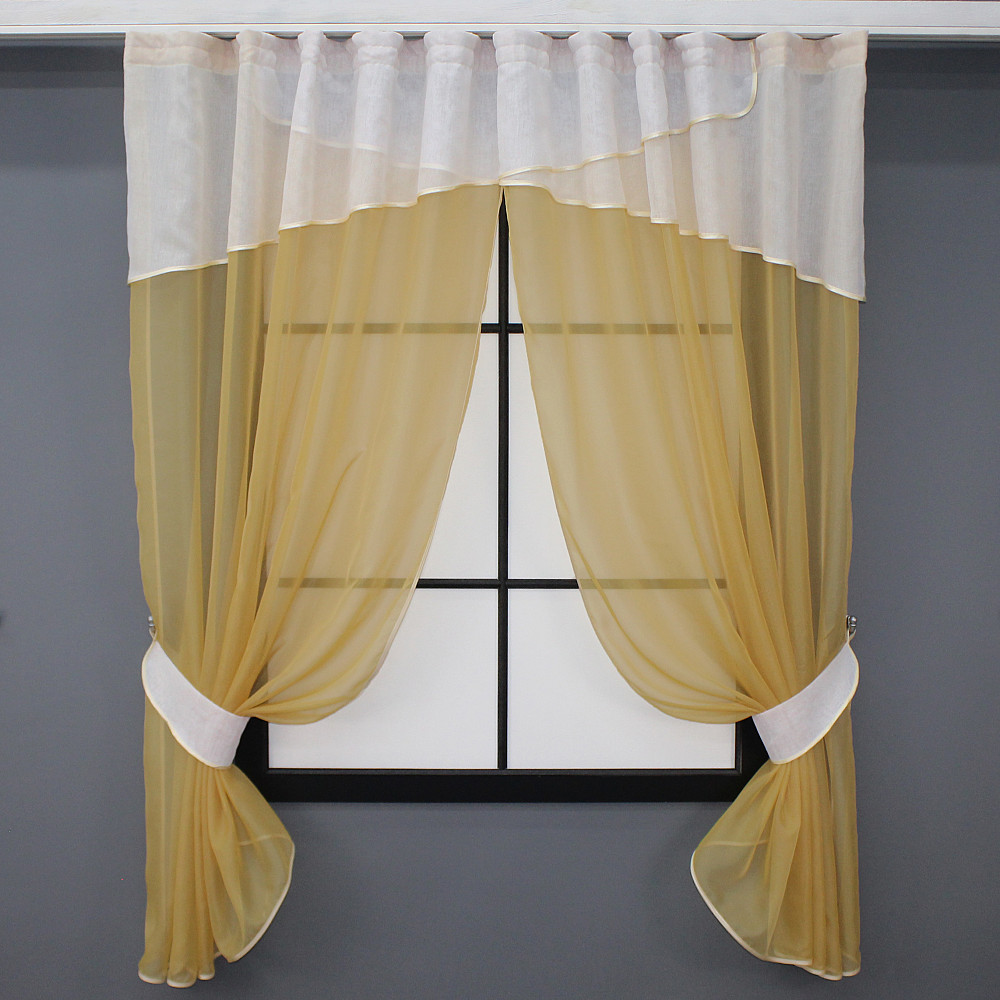 Кухонні штори VR-Textil № 091к з ламбрекеном і підв'язками золотистий з білим 280х170 см (52-0733) Київ - фото 1