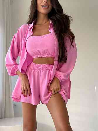 Женский летний прогулочный оверсайз костюм тройка: рубашка топ и шорты американский креп жатка Одесса