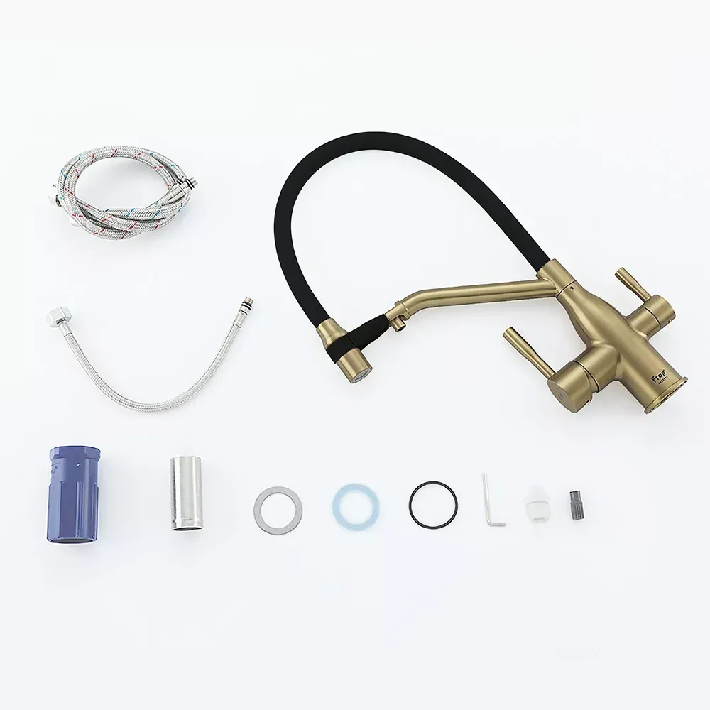 Смеситель для кухни под фильтр Frap F4397-3 с гибким изливом, золото/черный Киев - изображение 2