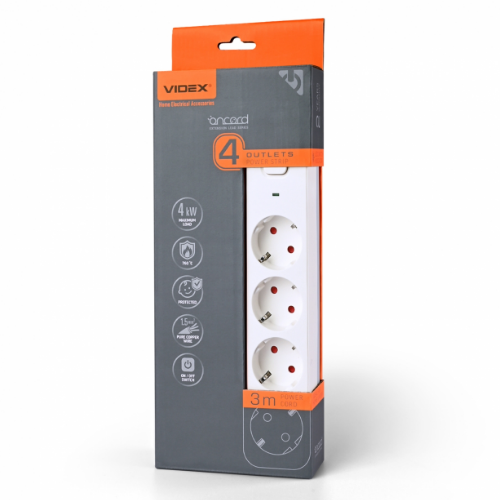 Мережевий подовжувач із заземленням 4 розетки 3м з кнопкою білий VF-PD43G-W Oncord Videx Житомир - фото 1