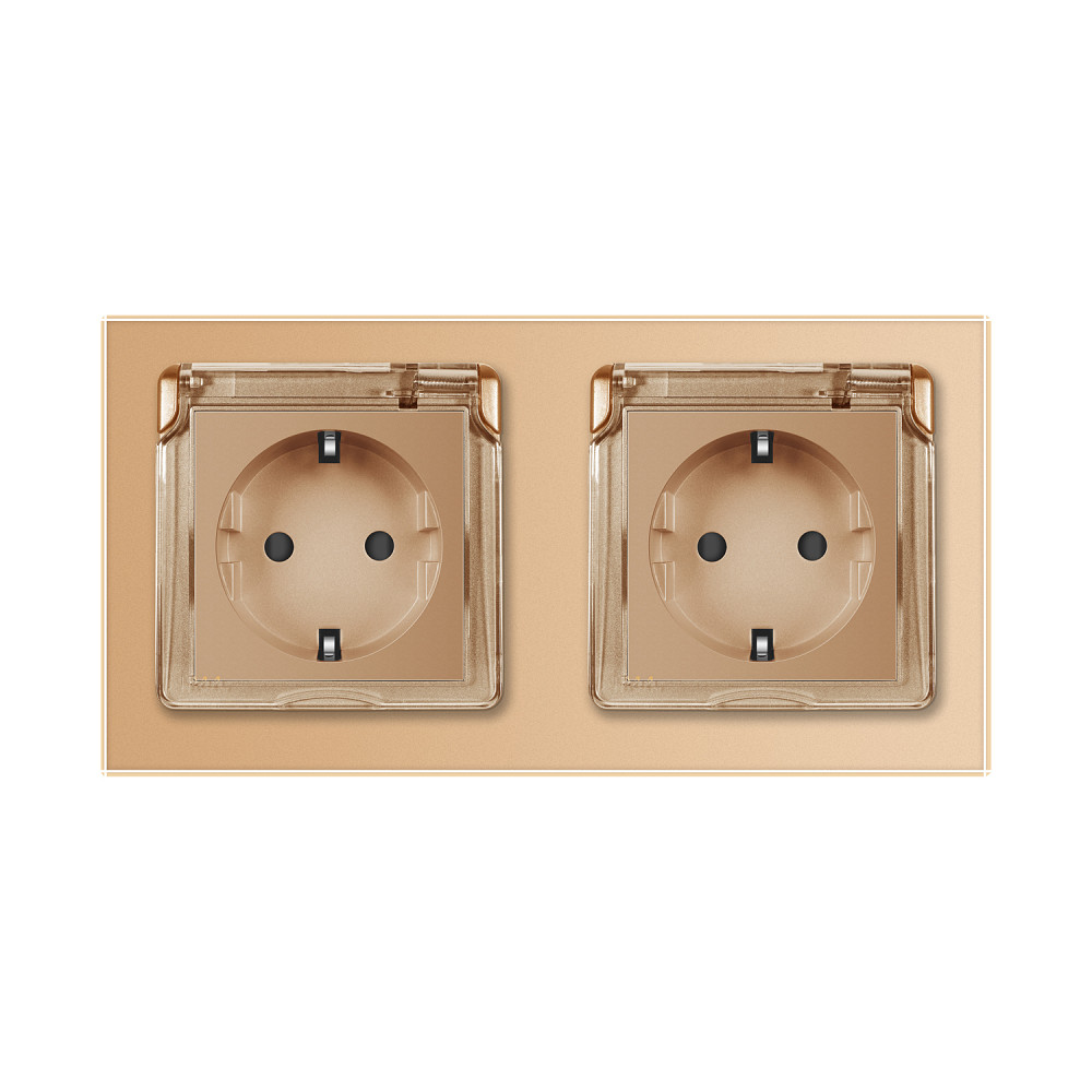 Подвійна електрична розетка вологозахисна з кришкою IP44 з заземленням, LIVOLO, золота, скляна рамка, шторки, 250В 16А (VL-C7C2EUWF-13) Коломыя - изображение 5