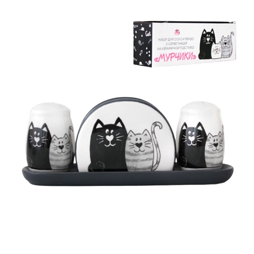 Набір ємностей для спецій Мурчики (для солі/перцю/серветок+керам.підставка) 22,5*7*8см S&T 6912-19 Житомир - фото 1
