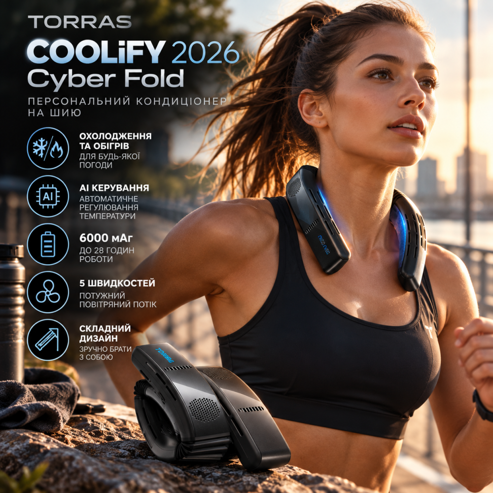 Персональний кондиціонер TORRAS COOLiFY 2026 Cyber Fold, AI, охолодження та обігрів, 6000 мАг, складаний, чорний Київ - фото 3