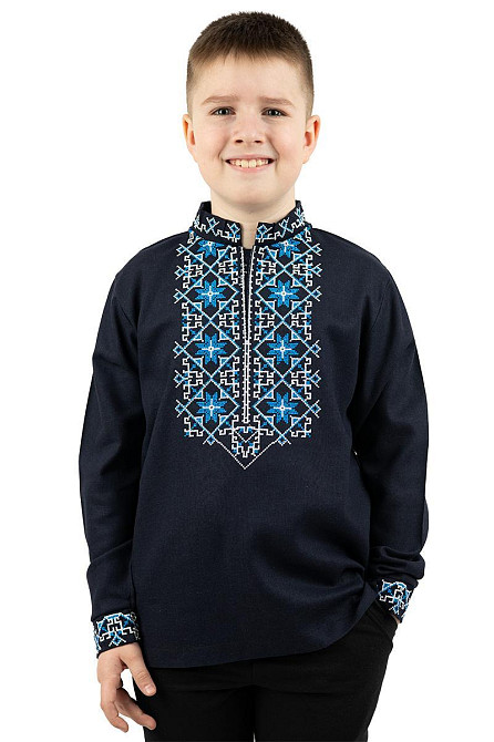 Вышиванка мужская с длинным рукавом, льняная, темно-синяя натуральный лен, вышиванки мужские Киев - изображение 6