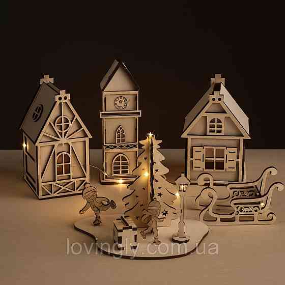 Подарунковий набір декору на Різдво — дерев’яне містечко з підсвіткою Ірпінь