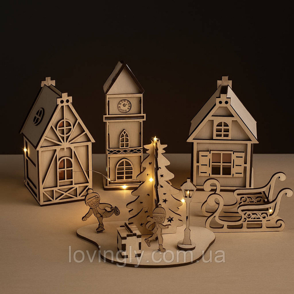 Подарочный набор декора на Рождество — деревянный городок с подсветкой. Ирпень - изображение 1