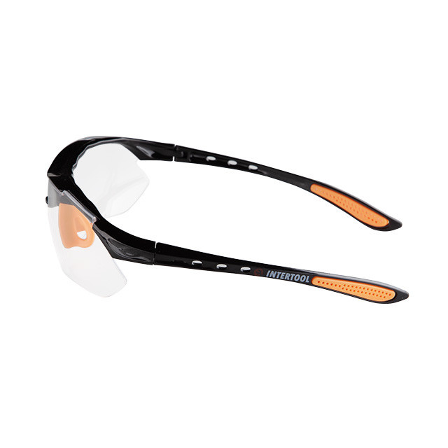 Окуляри захисні, прозорі, лінзи полікарбонат, заушники чорні нейлонові, гумова накладка на ніс, захист від удару INTERTOOL SP-0092 Київ - фото 4