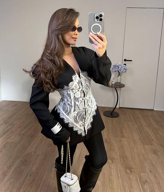 Женский стильный привлекательный пиджак костюмка + кружево Черный Одесса - изображение 2