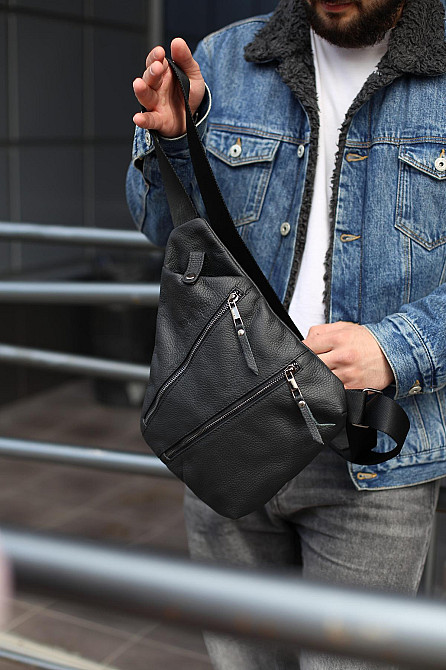 Мужская сумка из натуральной кожи, сумка через плечо SKILL Cross body (Черная) Сумы - изображение 4