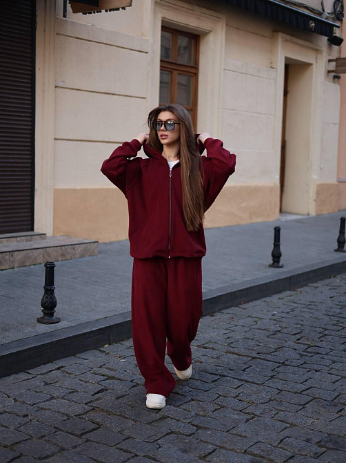 Женский теплый повседневный костюм двойка из турецкого двустороннего флиса Бордо Одесса - изображение 10