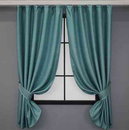 Комплект коротких штор VR-Textil Льон-блекаут Льон Мішковина № 511ш Бірюзовий 130х170см 2 шт (35-0098) Київ