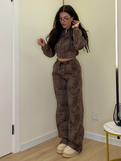 Жіночий теплий прогулянковий костюм-двійка турецька тринитка варенка на флісі Шоколад, 42/44 Одеса - фото 3