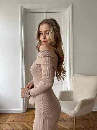 Жіноча романтична сукня максі з відкритими плечима ангора рубчик Бежевий Одеса