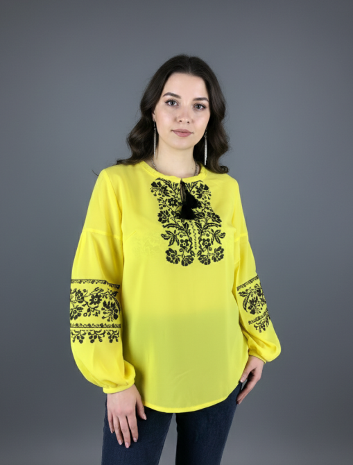 Вышитая блуза из шифона в желтом цвете с черным орнаментом 44 Киев - изображение 1