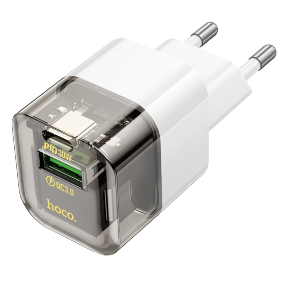 Сетевое зарядное устройство HOCO C131A Platinum dual-port PD30W+QC3.0 charger(EU) Transparent black Одесса