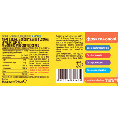 Дитяче пюре Чудо-Чадо Яблуко, морква і айва з 5 місяців 170 г (4820016251434) Вінниця - фото 2