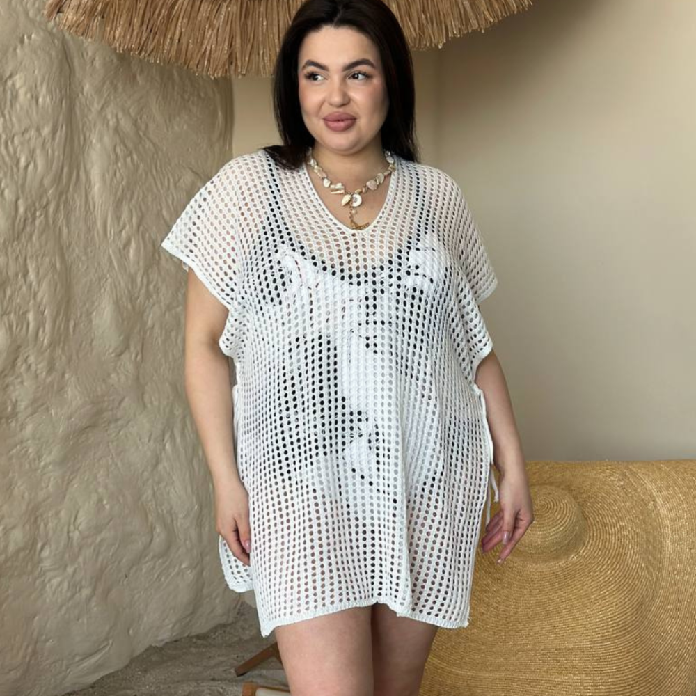 Пляжна туніка жіноча великого розміру накидка на купальник PLUS SIZE ажурна коротка вільного крою біла Одеса - фото 11