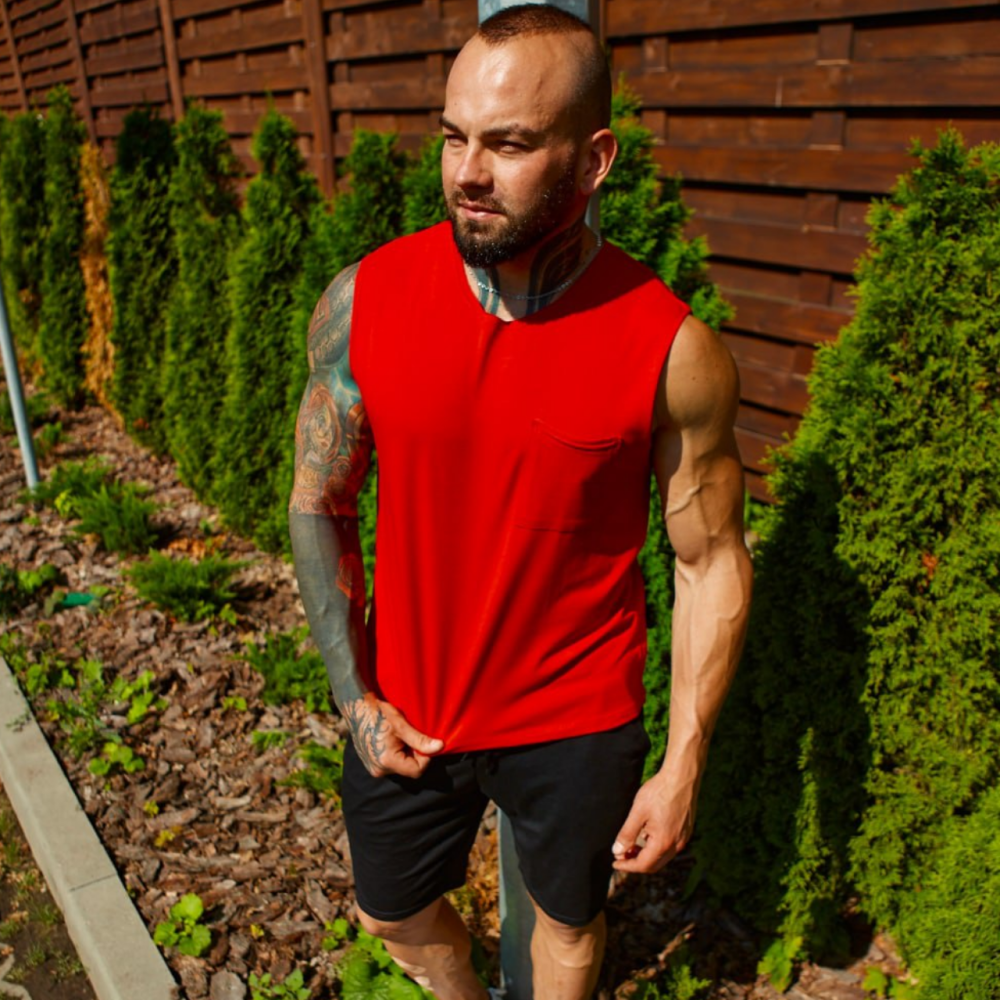 Мужская майка безрукавка спортивная с карманом однотонная на лето красная XL Одесса - изображение 1