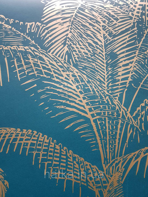 Шпалери вінілові на флізеліні Rasch Clasik 0,53х10 листя пальми яскраві золотисті на бірюзовому Київ - фото 2