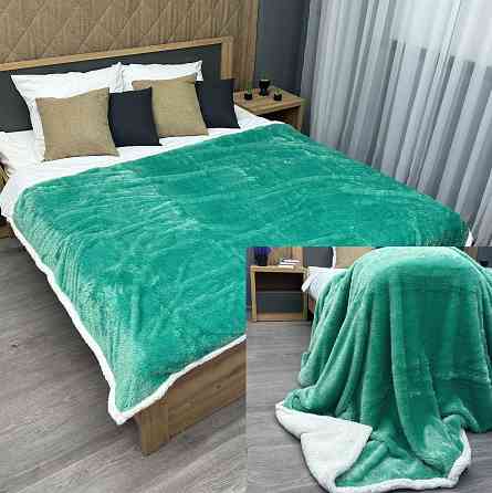 Плед двосторонній 155х200 см (+-5см) із штучною овчиною, хутром та люрексом Бірюзовий з білим (87-084) Київ