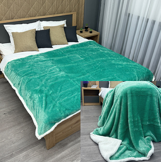 Плед двосторонній 155х200 см (+-5см) із штучною овчиною, хутром та люрексом Бірюзовий з білим (87-084) Київ - фото 1