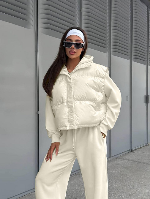 Жіночий стильний теплий костюм-трійка з турецької двонитки + плащівка емі Айворі, 44 Одеса - фото 2