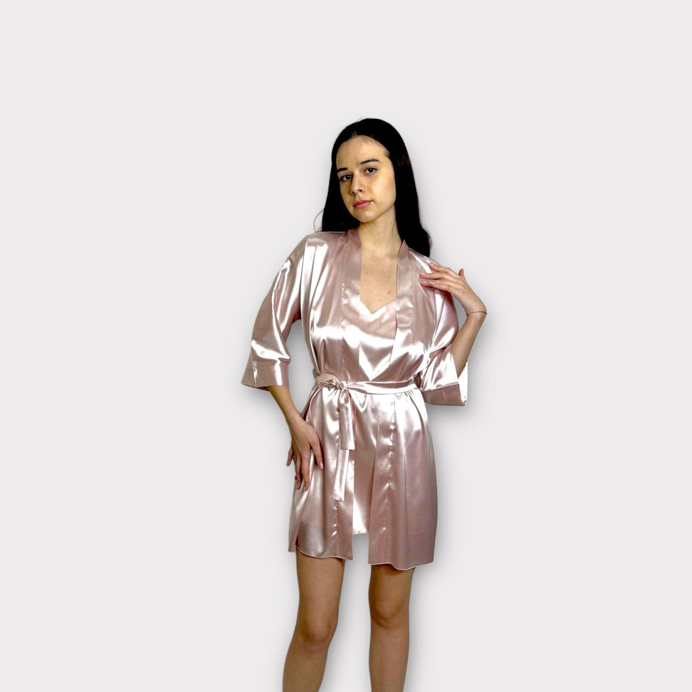 Атласна нічна сорочка з халатом Пудровий XL Харків - фото 2