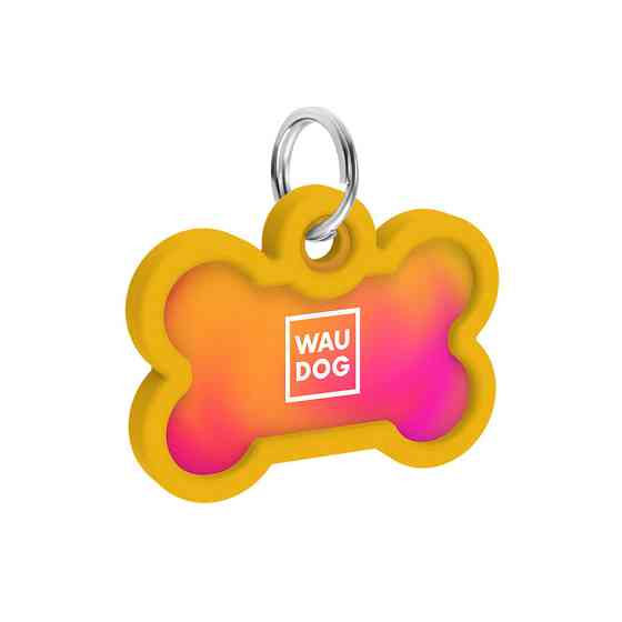 Адресник для собак і котів металевий WAUDOG Smart ID з QR паспортом, малюнок "Градієнт помаранчевий", кістка, Д 40 мм, Ш 28 мм Київ