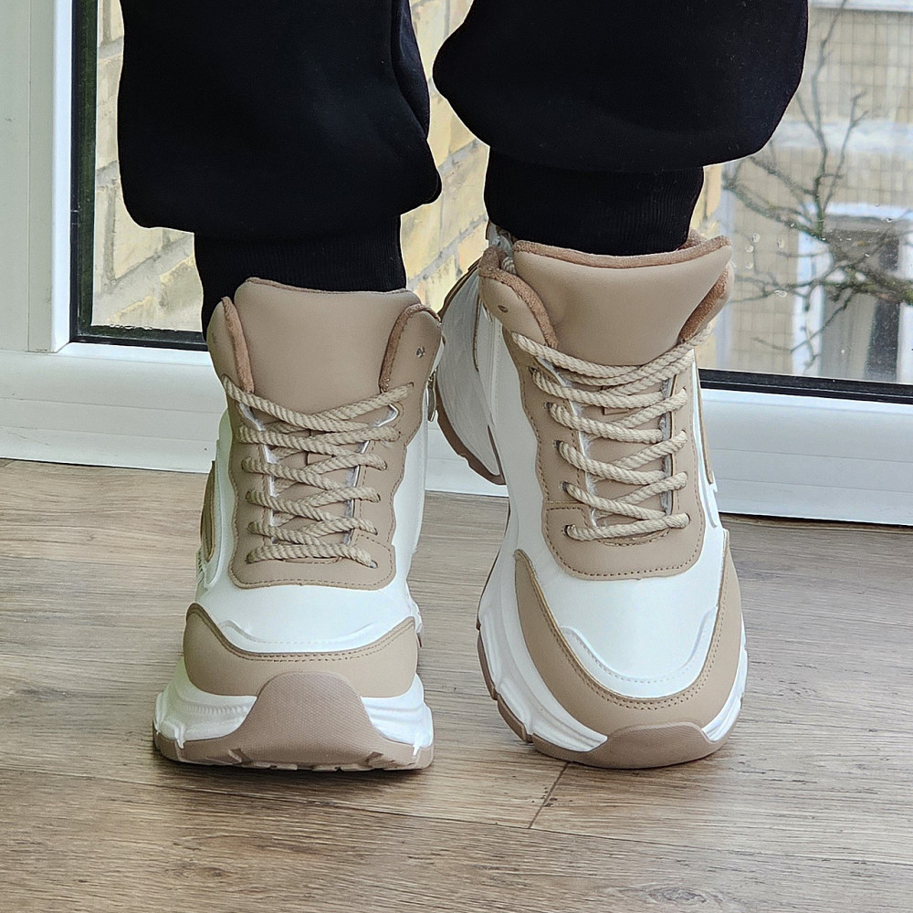 Зимові Білі жіночі Кросівки з МЕХОМ на Толстой Підошві Танкетке Ботинки Шкіряні Бежеві (розміри: 36,37,38,39,40) Дніпро - фото 6