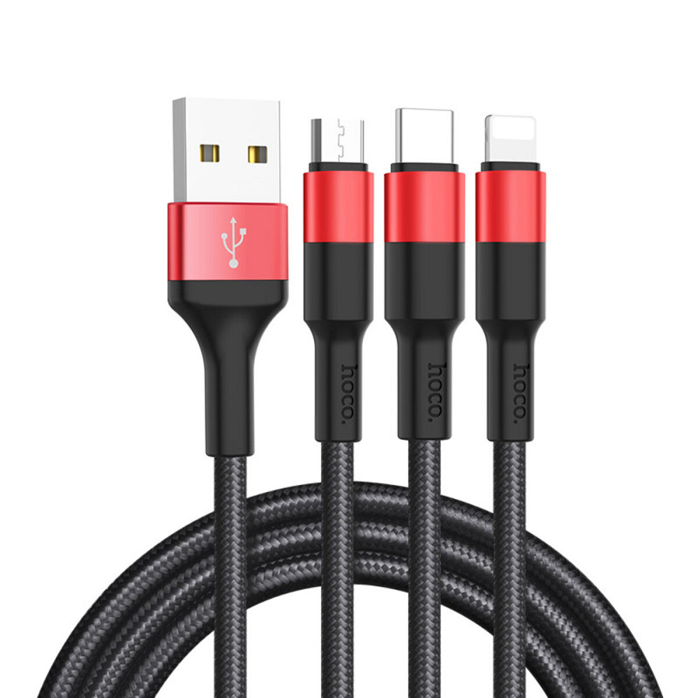 Кабель HOCO X26 Xpress one pull three charging cable iP+Micro+Type-C Black+Red Київ - фото 1