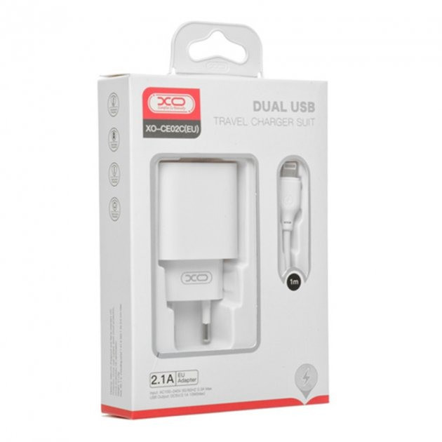 Мережевий зарядний пристрій XO CE02C на 2USB 2.1A Білий + Кабель Lightning Кам'янець-Подільський - фото 2