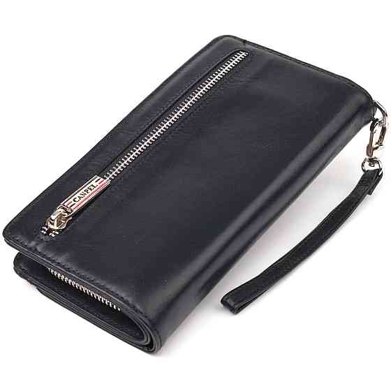 Практичное портмоне клатч из натуральной гладкой кожи Черное (CANPELLINI) Киев