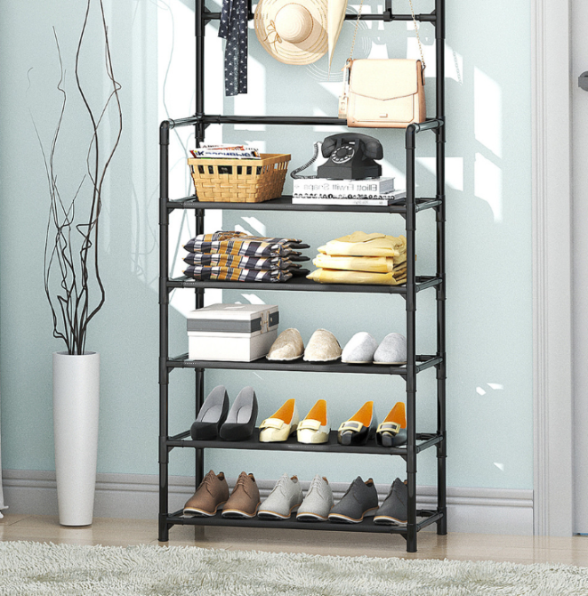 Полочка с вешаком для прихожей 25х60х150, Органайзер для обуви и одежды с 6 полками, Черного цвета Каменец-Подольский - изображение 9