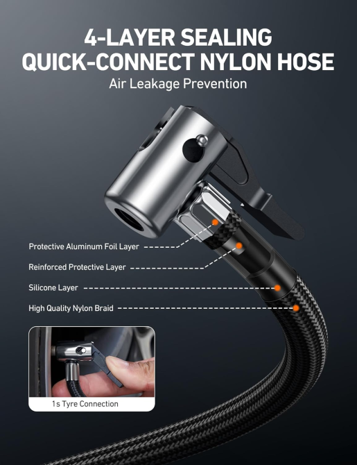 Беспроводной компрессор AstroAI C4 150 PSI, автостоп, цифровой манометр, LED, 4 адаптера, 450 г, для авто/мото/вело Киев - изображение 8