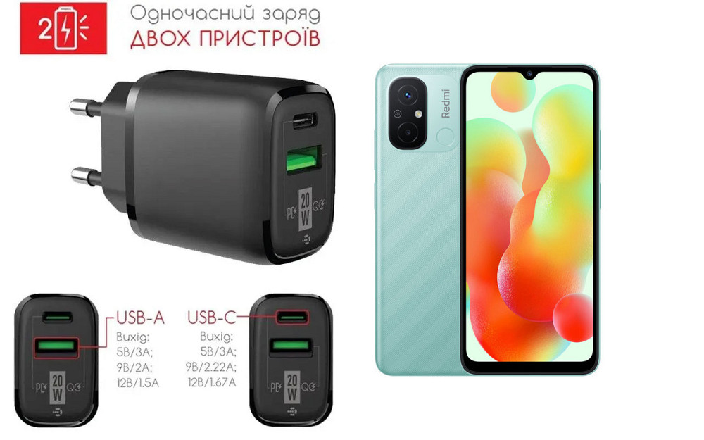 Сетевое зарядное устройство для Xiaomi Redmi 12C, 20W 3A, Quick Charge 3.0 Киев - изображение 1